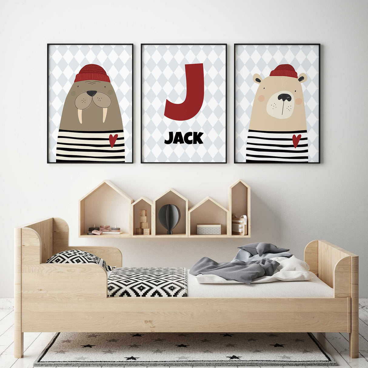Charming Sailor personalised nursery art with nautical theme and cute animal designs.
