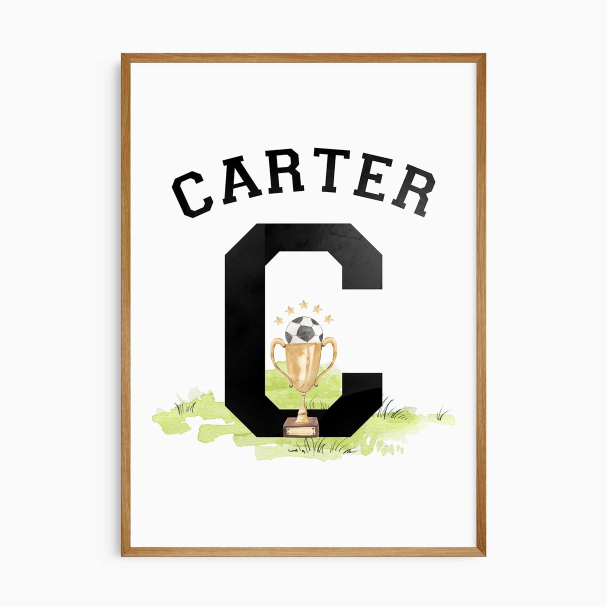 Boys name wall art with initial and trophy in sporty design