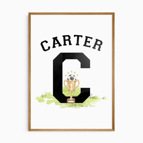 Boys name wall art with initial and trophy in sporty design