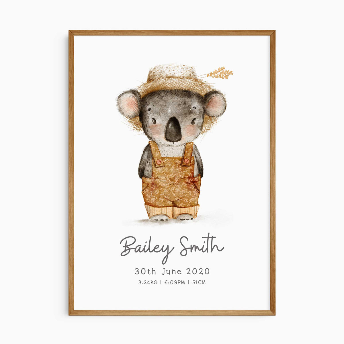 Personalised koala birth print with baby’s full name, birth date, time, weight and length beneath a watercolour koala