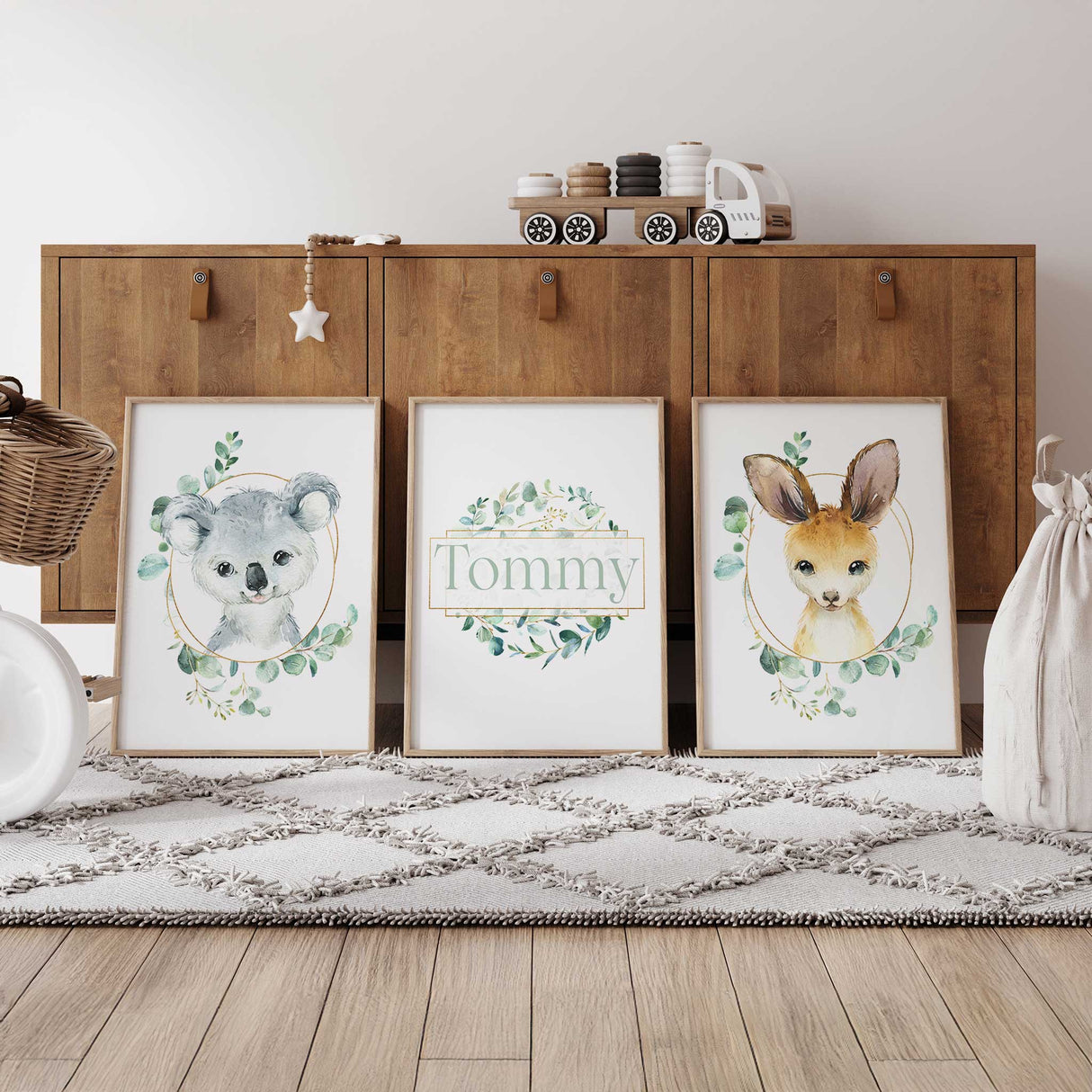 Personalised nursery wall art set with koala, kangaroo, and custom name print