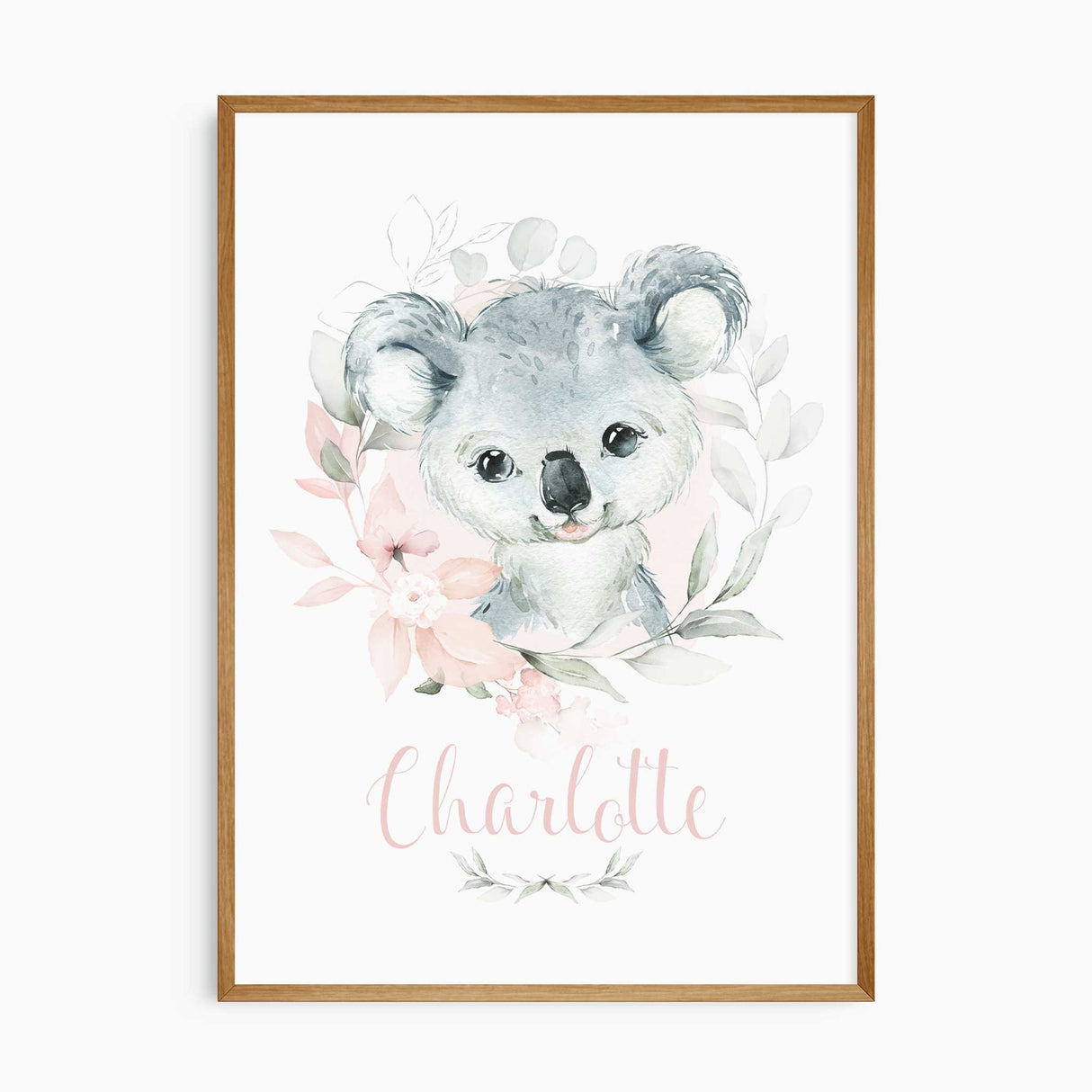 Personalised koala nursery wall art print with baby name in pastel florals, ideal for girls’ bedroom or baby shower gift