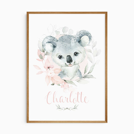 Personalised koala nursery wall art print with baby name in pastel florals, ideal for girls’ bedroom or baby shower gift
