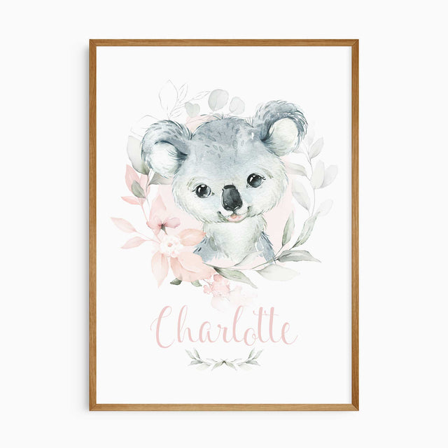 Personalised koala nursery wall art print with baby name in pastel florals, ideal for girls’ bedroom or baby shower gift