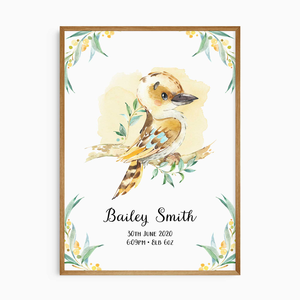 Personalised kookaburra birth print with baby’s name, date, time and weight surrounded by Australian native foliage