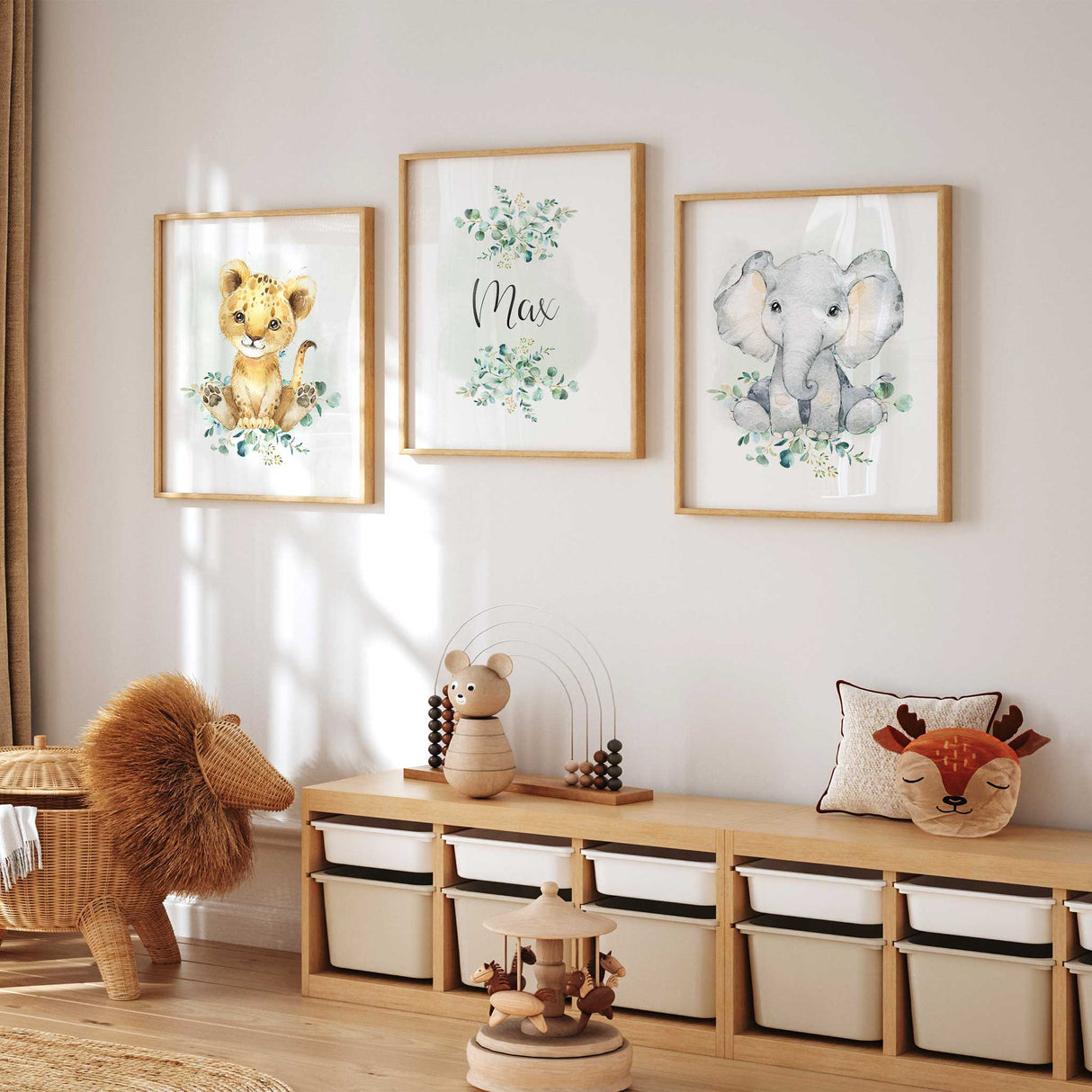 Cute lion cub nursery wall art print in soft neutral safari tones