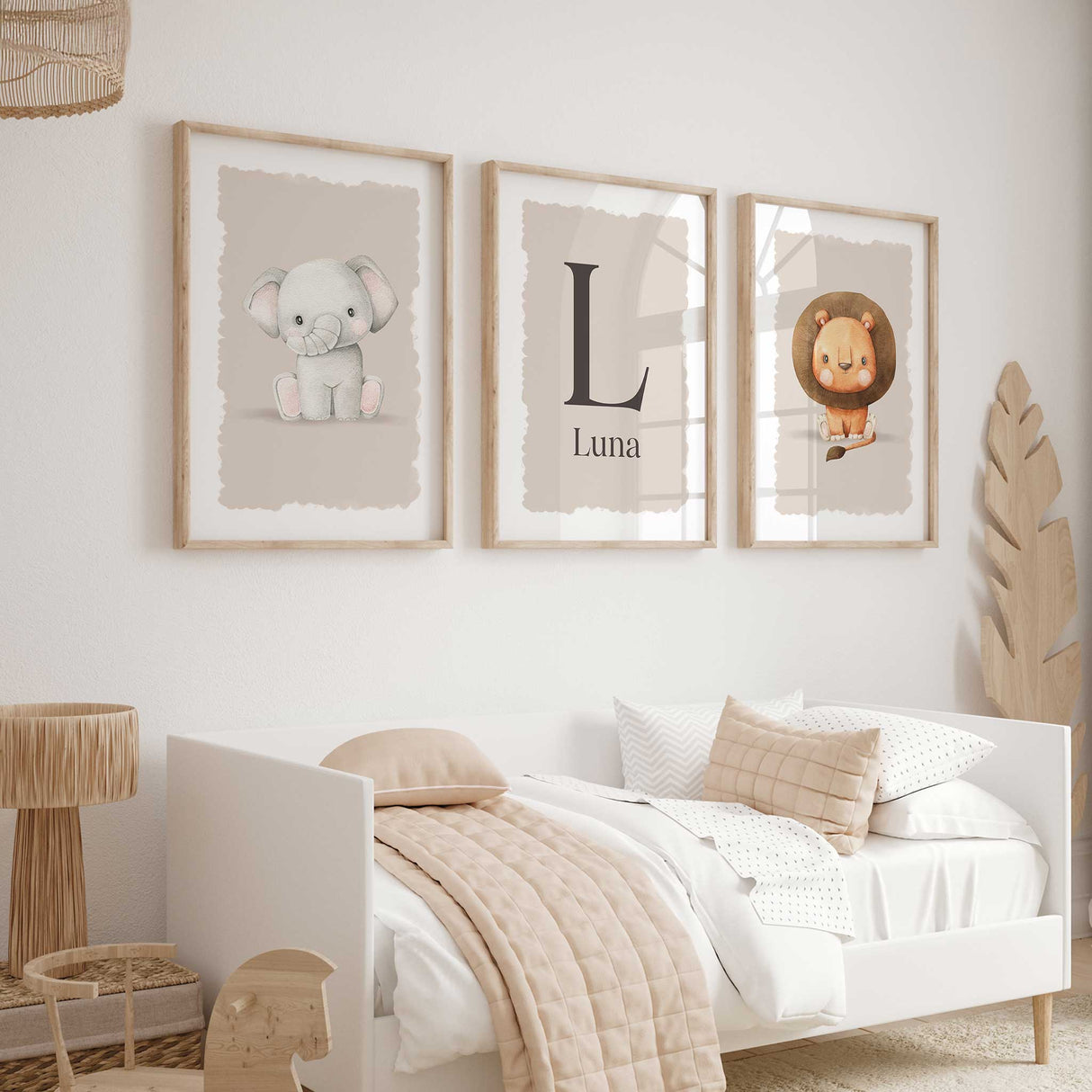 Neutral safari animal print set featuring a lion, elephant, and personalised name print for kids' bedrooms.