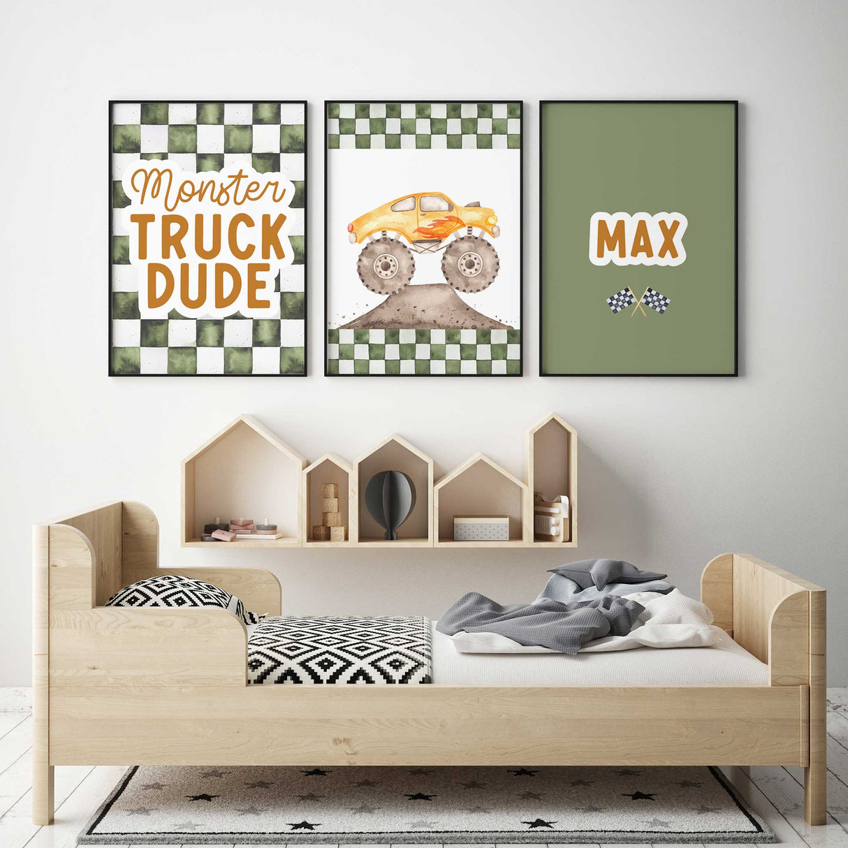 Personalised monster truck name print for boys room décor, perfect for nursery or playroom walls. Available in multiple standard print sizes to suit both Australian and international frames.
