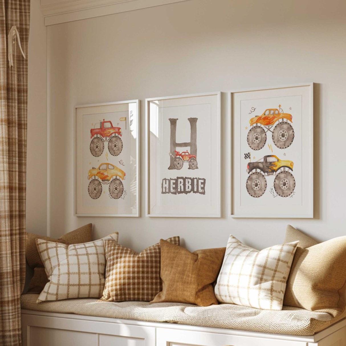 Racing truck wall art prints with flame graphics and checkered flag details, designed to bring energy to any boys bedroom or nursery.