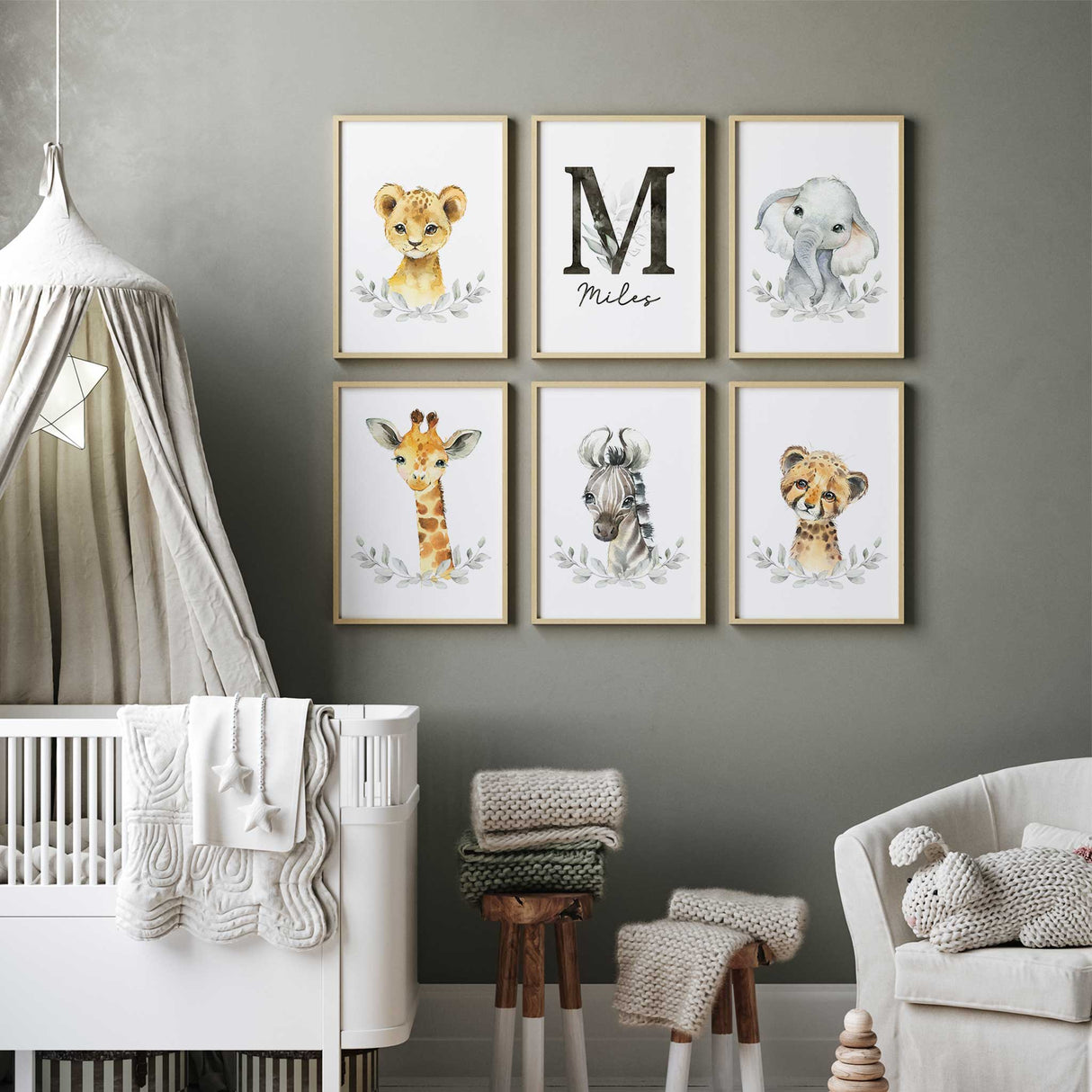 Personalised name initial nursery wall art with safari animal theme for boys room