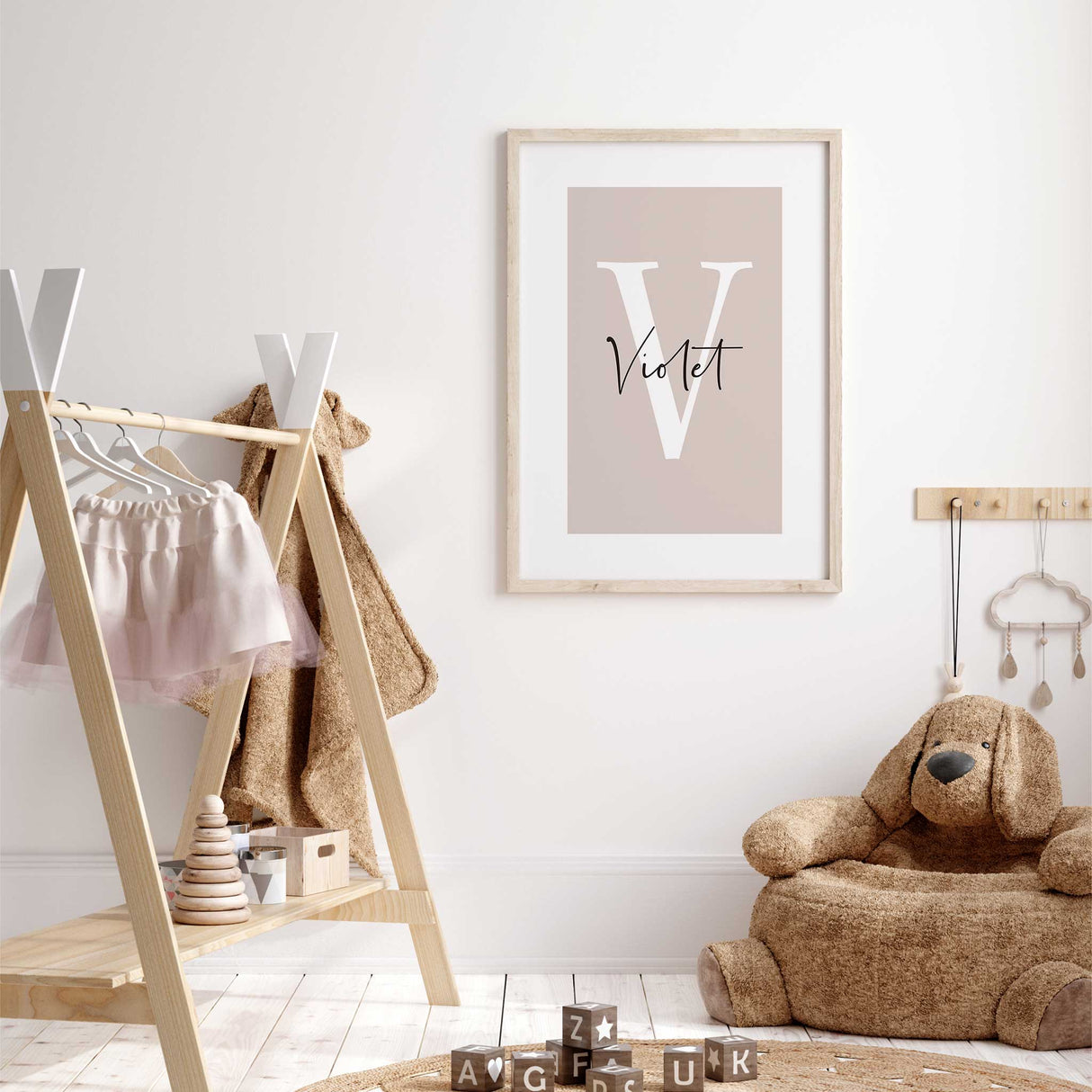 Personalised nursery print with name and large initial in blush pink