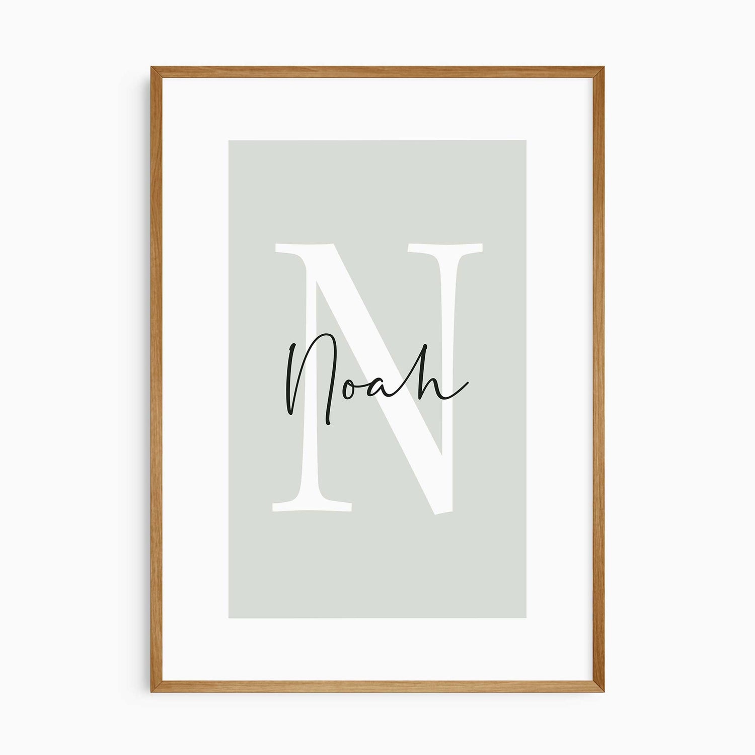 Personalised kids wall art with name and initial in sage green background