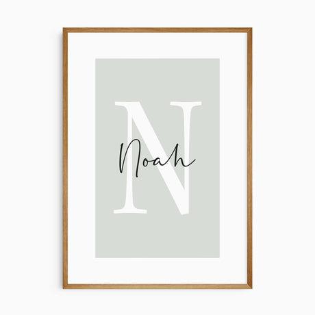 Personalised kids wall art with name and initial in sage green background