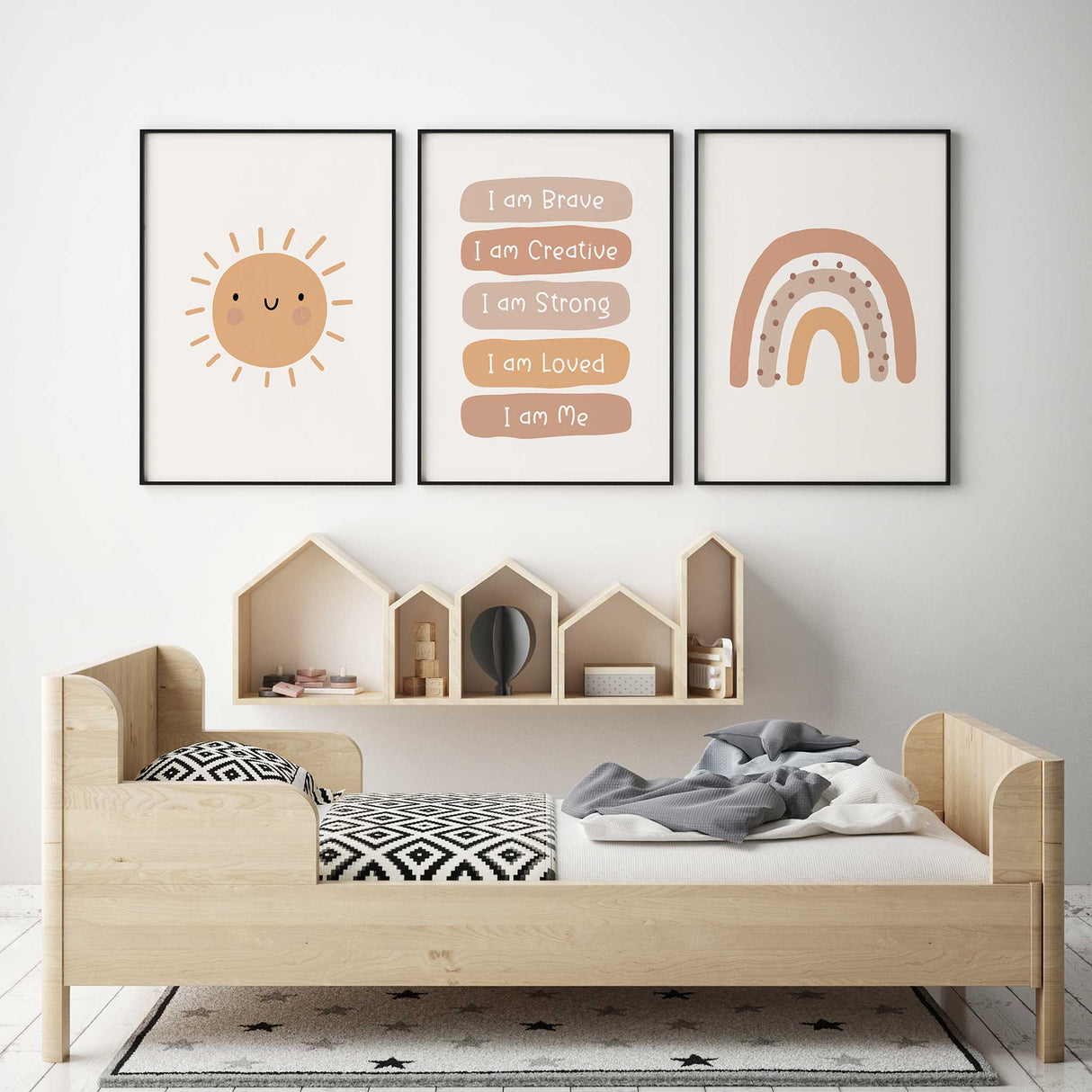 personalised neutral rainbow nursery affirmation prints set with sunshine and name print