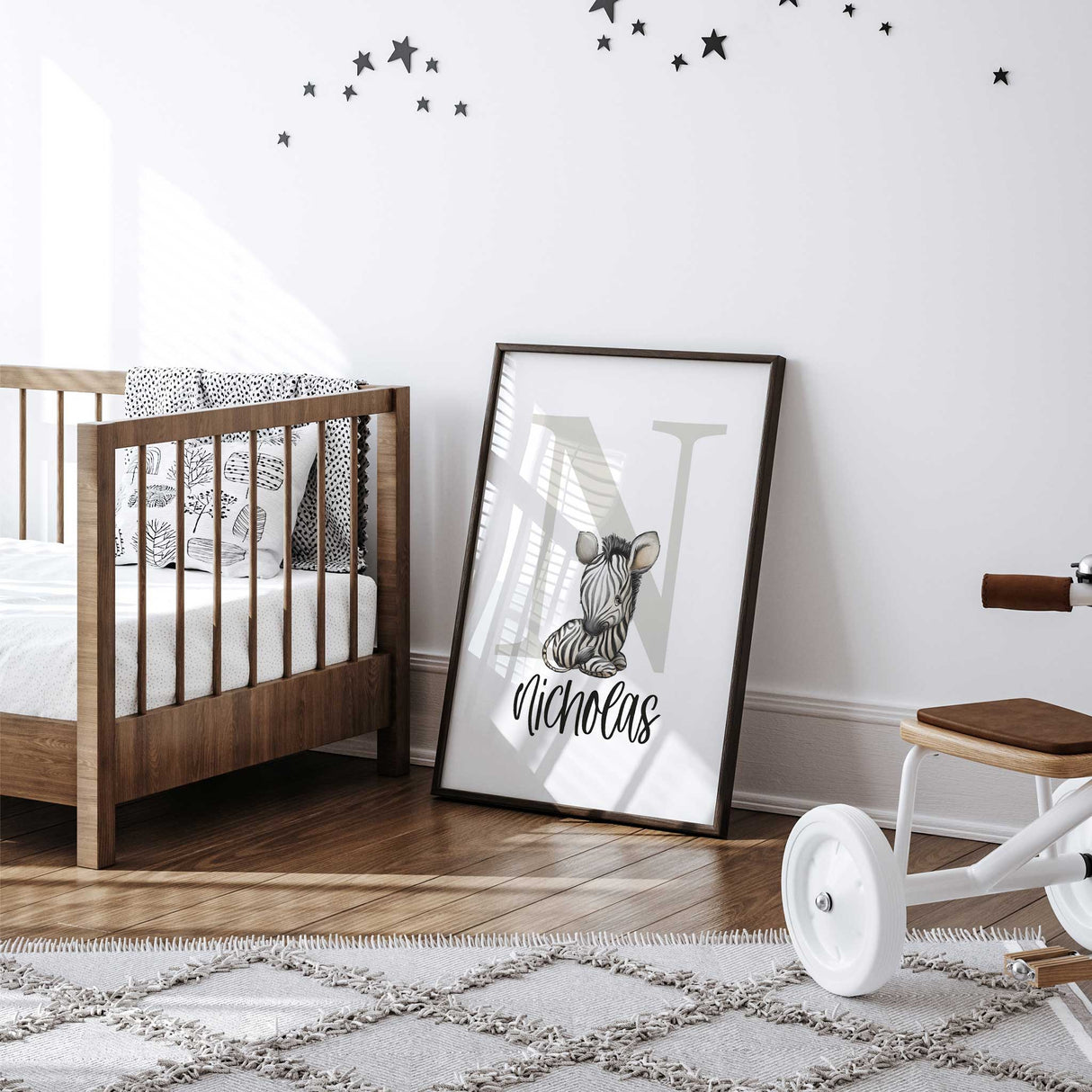 Personalised nursery print for boys with choice of animal letter and name