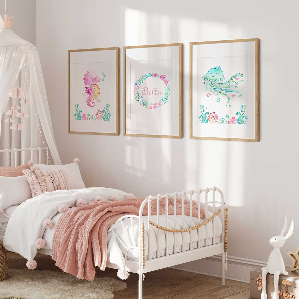 Custom name print with sea shells, anchor, and floral ocean wreath