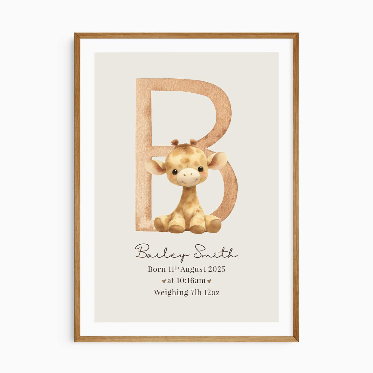Personalised plush animal birth print with a giraffe, large initial, baby’s full name, date, time and birth weight