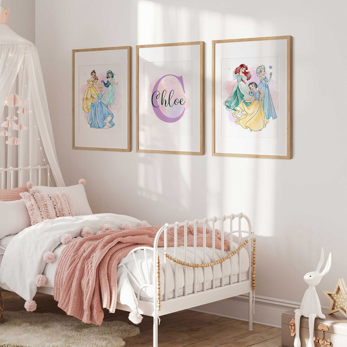 Personalised princess wall art set of 3 with custom name print for girls bedroom
