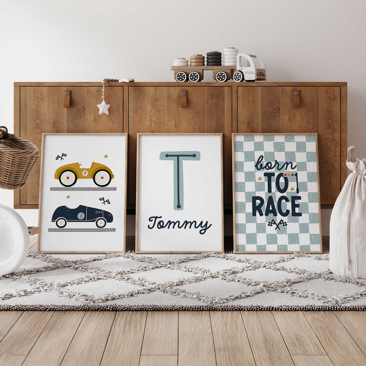 Personalised race car print set with two vintage-style cars, an initial and name, plus Born to Race artwork.