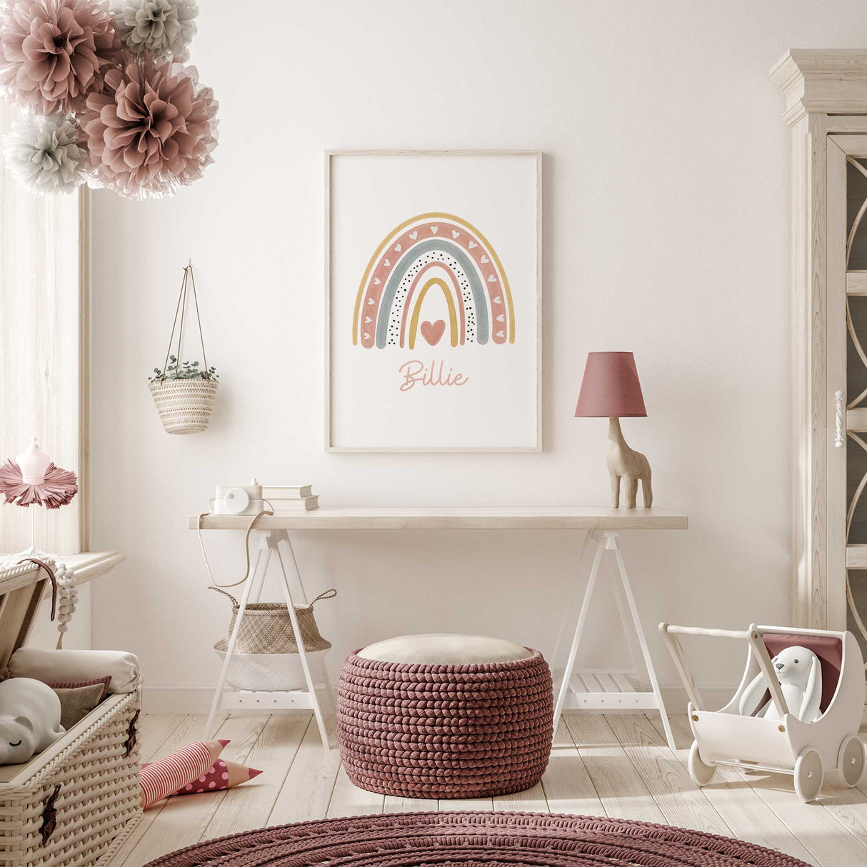 Personalised rainbow nursery print with blush pink, blue and mustard arches, heart details and a custom name in script text