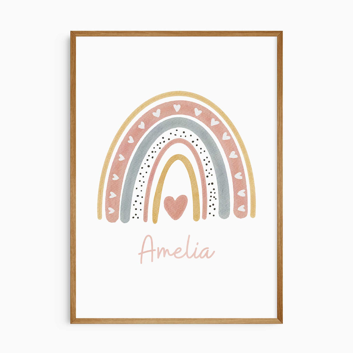 Personalised rainbow print with blush pink, blue and mustard arches, heart details and a child's name in script
