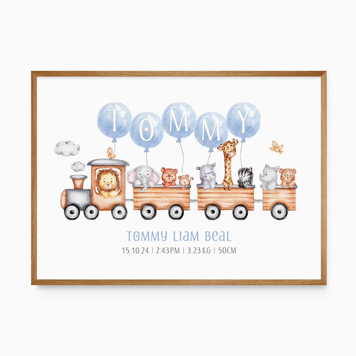 Personalised safari train birth print with blue name balloons, watercolour animals and the baby’s birth details