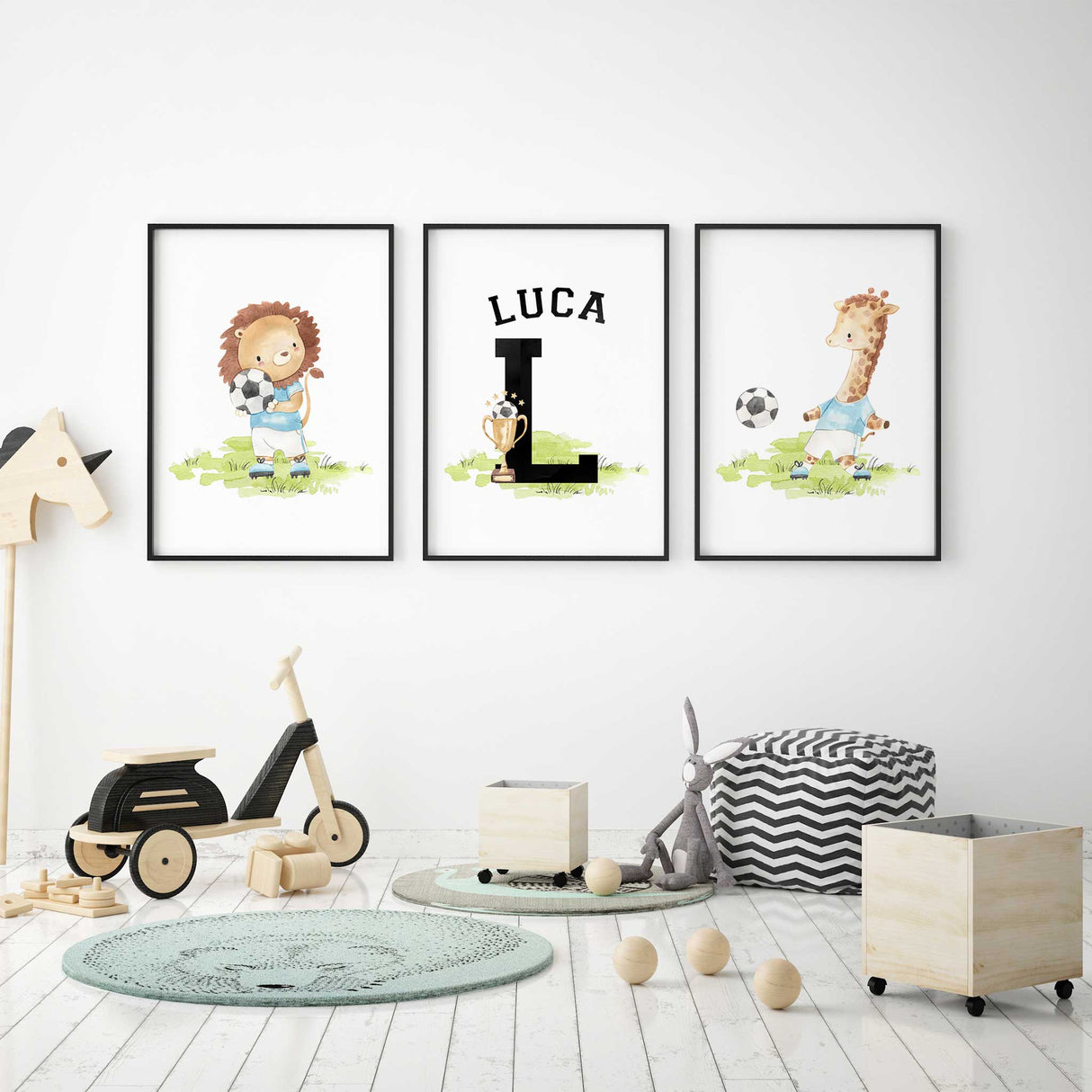 Personalised boys name print with varsity-style initial and soccer trophy