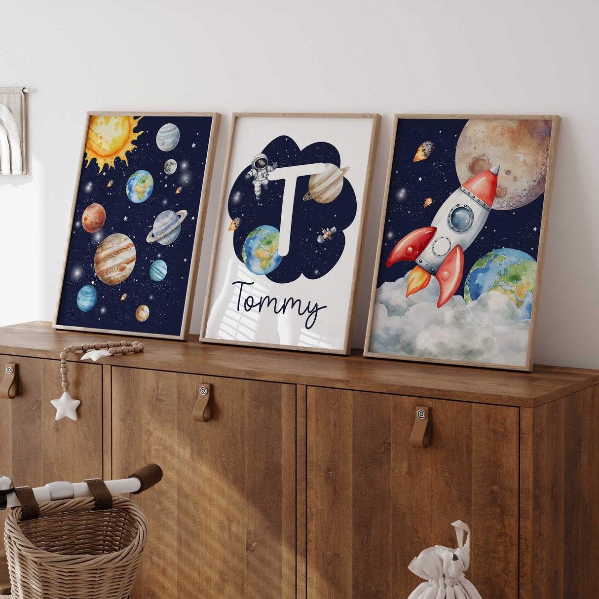 Personalised space wall art set of 3 prints with solar system, rocket, and initial
