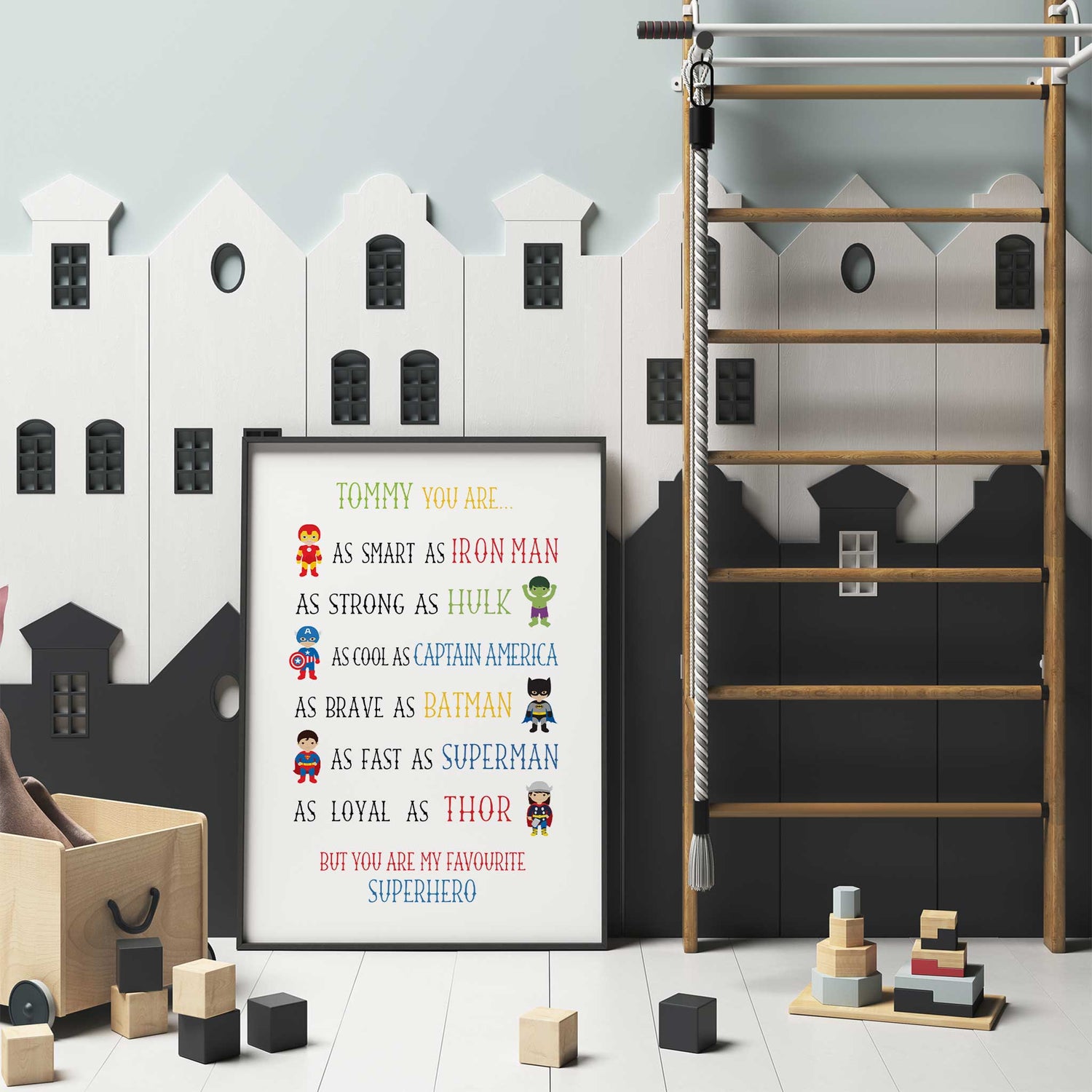 Personalised boys print with cartoon-style characters and inspiring words