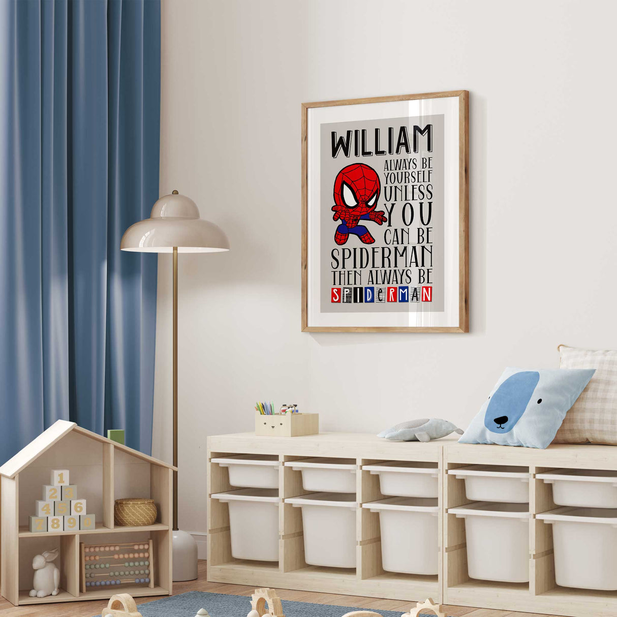 Custom superhero wall art print for boys room showing personalised name and inspiring message with clean white border edge.