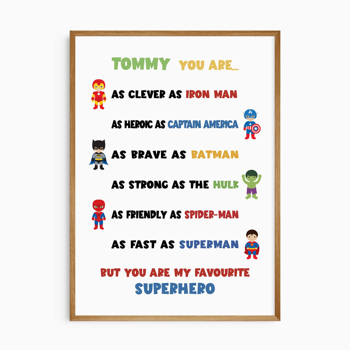 Personalised superhero wall art featuring illustrated superheroes and a custom name with a favourite superhero quote