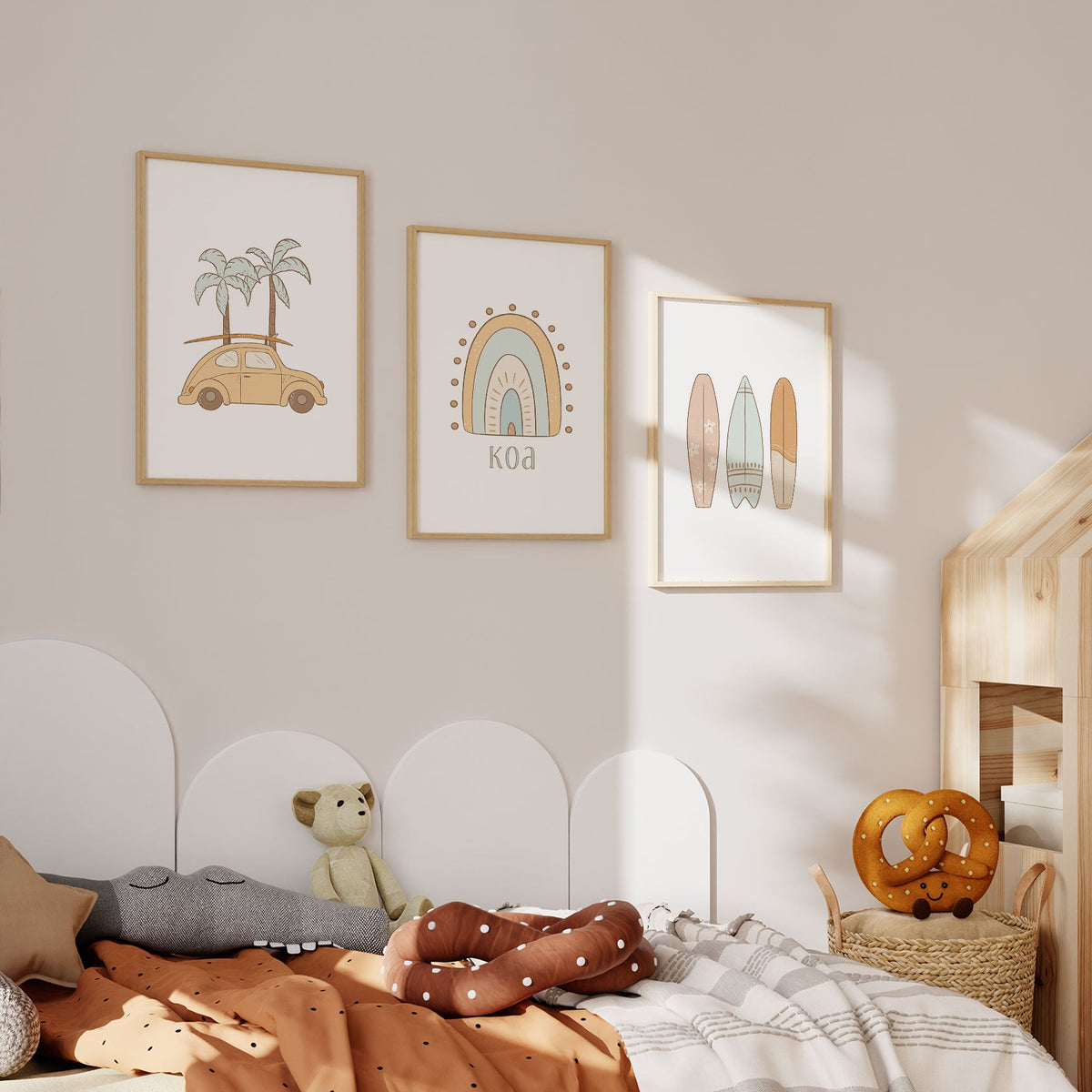 Personalised beach wall art set featuring a surf car, rainbow name print and surfboards in soft coastal tones