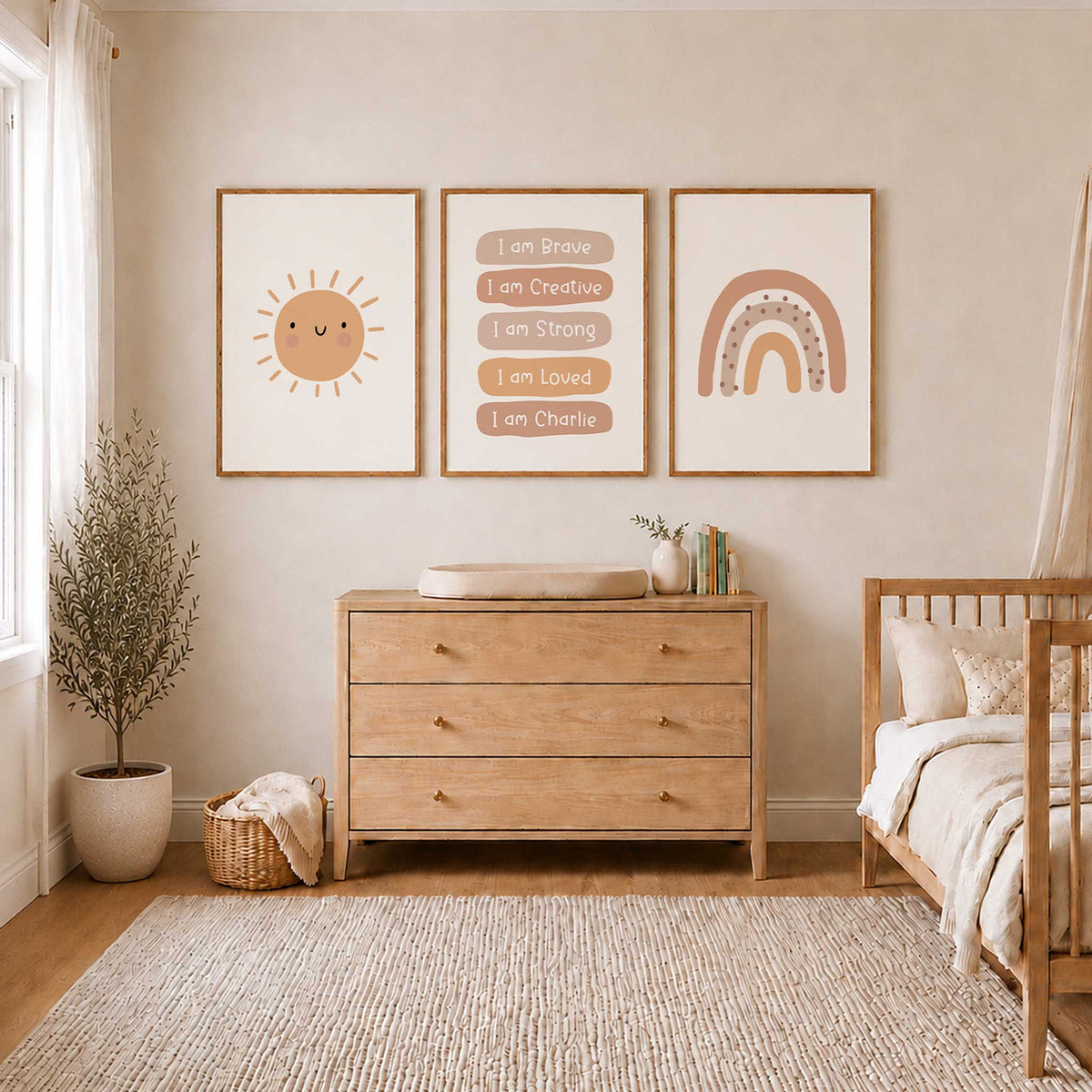 Set of three terracotta prints featuring a smiling sun, dotted rainbow and personalised positive I am affirmations.