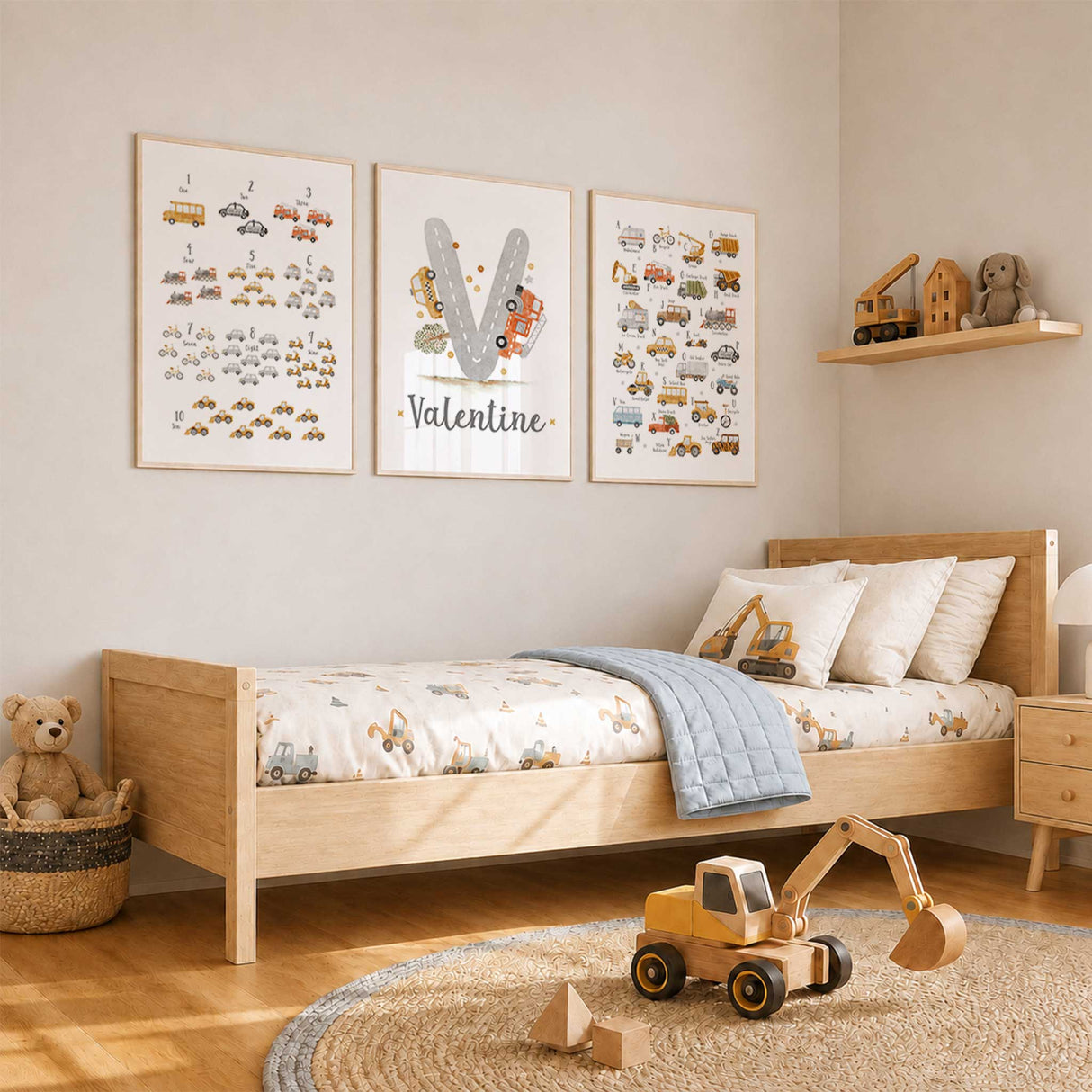 Set of three personalised transport prints with vehicle alphabet, counting chart and initial name art in a boys bedroom.