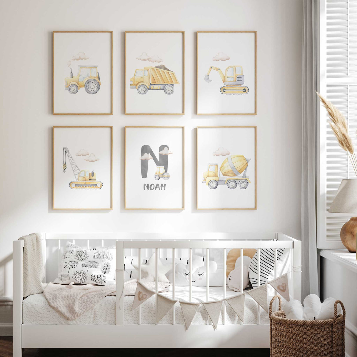 Personalised truck and tractor nursery prints for boys with custom name option