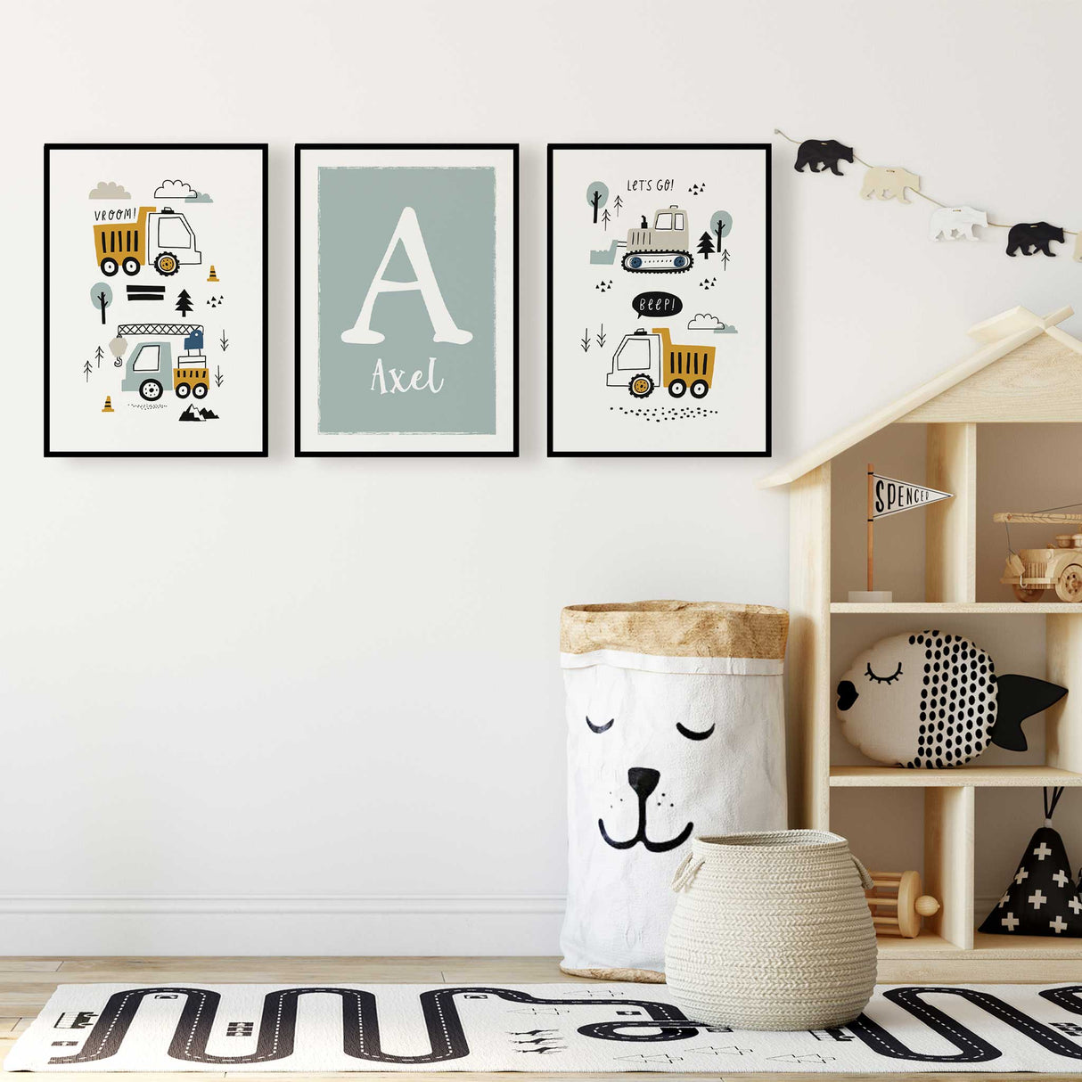 Personalised vehicle nursery wall art set with aqua initial print for boys’ rooms.