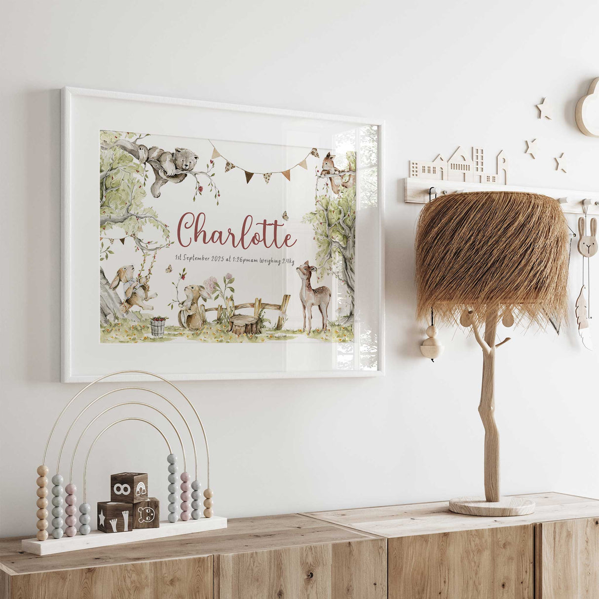 Woodland nursery print with baby name and birth details