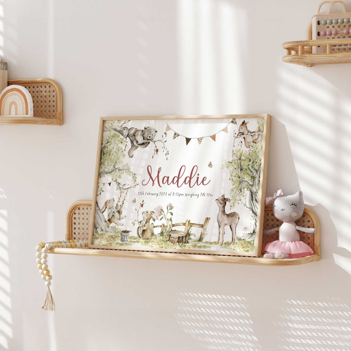 Personalised woodland name print for baby nursery
