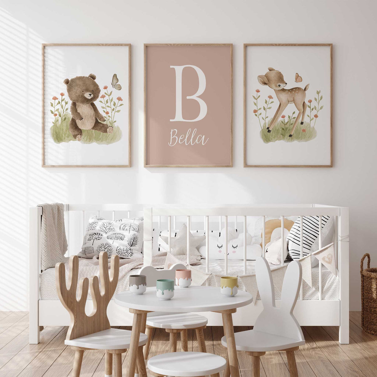 Personalised nursery animal prints for woodland baby decor