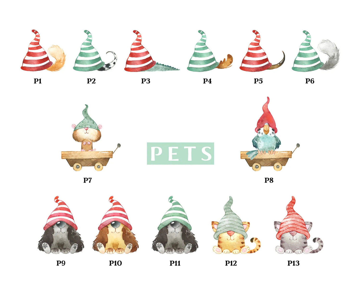 Pet gonk options for personalised family print including cats, dogs, hamster, and bird.