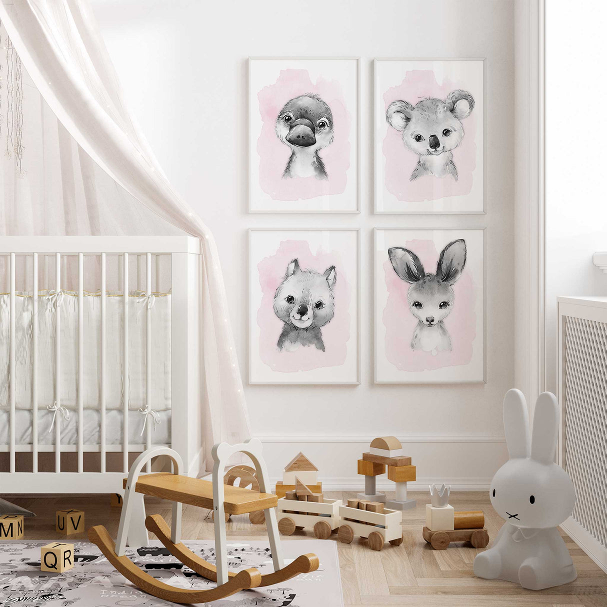 pink watercolour animal nursery wall art set for girls room