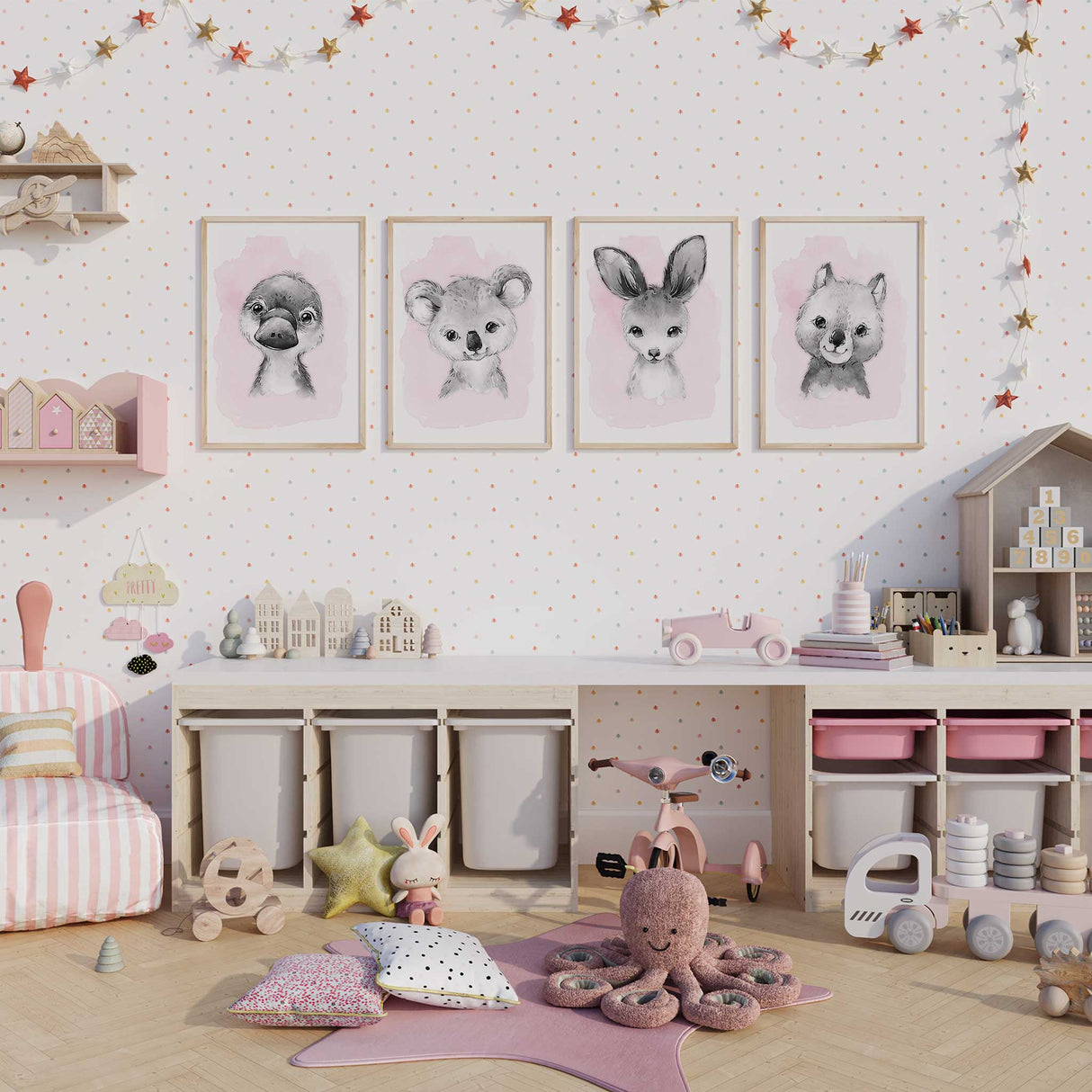 Four piece girls nursery wall art set featuring watercolour baby koala, kangaroo, platypus and wombat on soft pink backgrounds