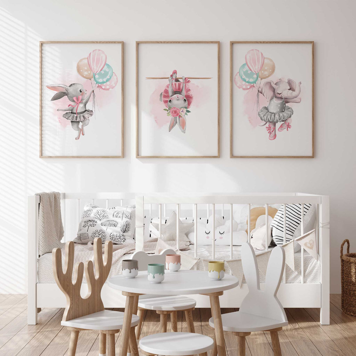 Pink ballerina nursery wall art set of 3 with bunny and elephant in tutus