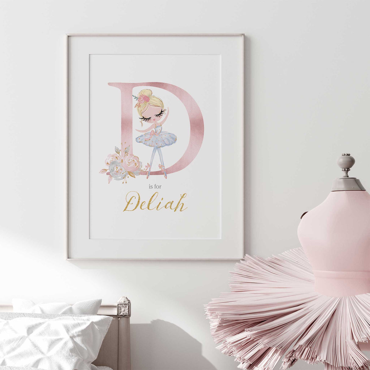 Personalised pink ballerina wall art for girls nursery decor