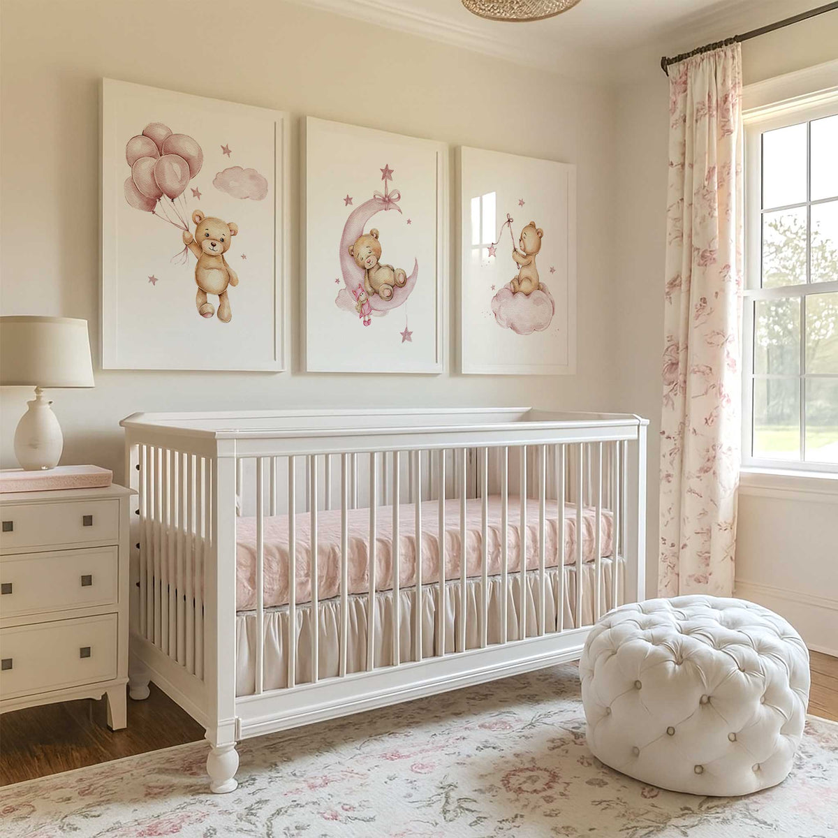 Pink teddy bear print set with balloons, a rag doll, moon and clouds for a baby girl’s nursery or bedroom