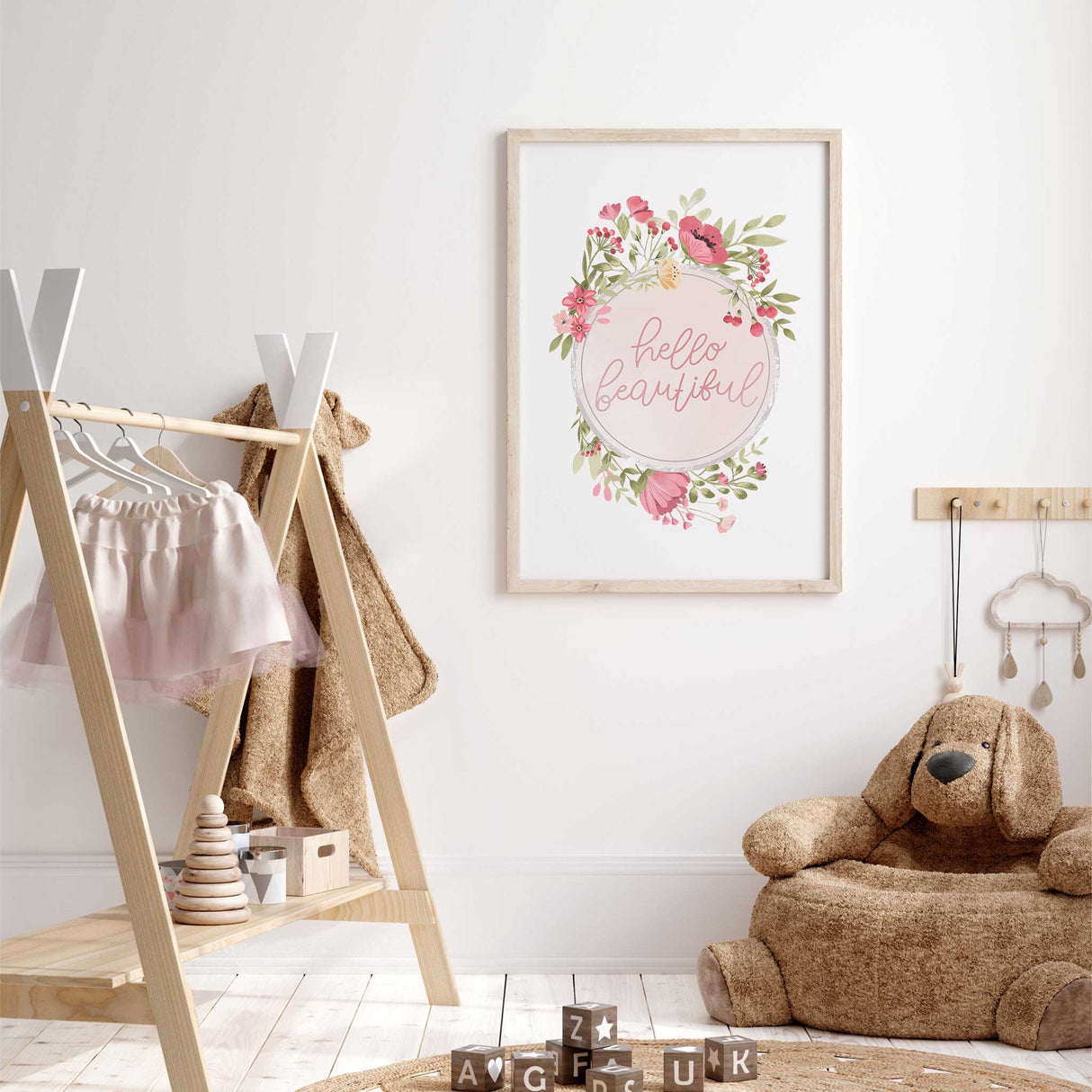 Soft pastel floral quote art print with hello beautiful text for nursery