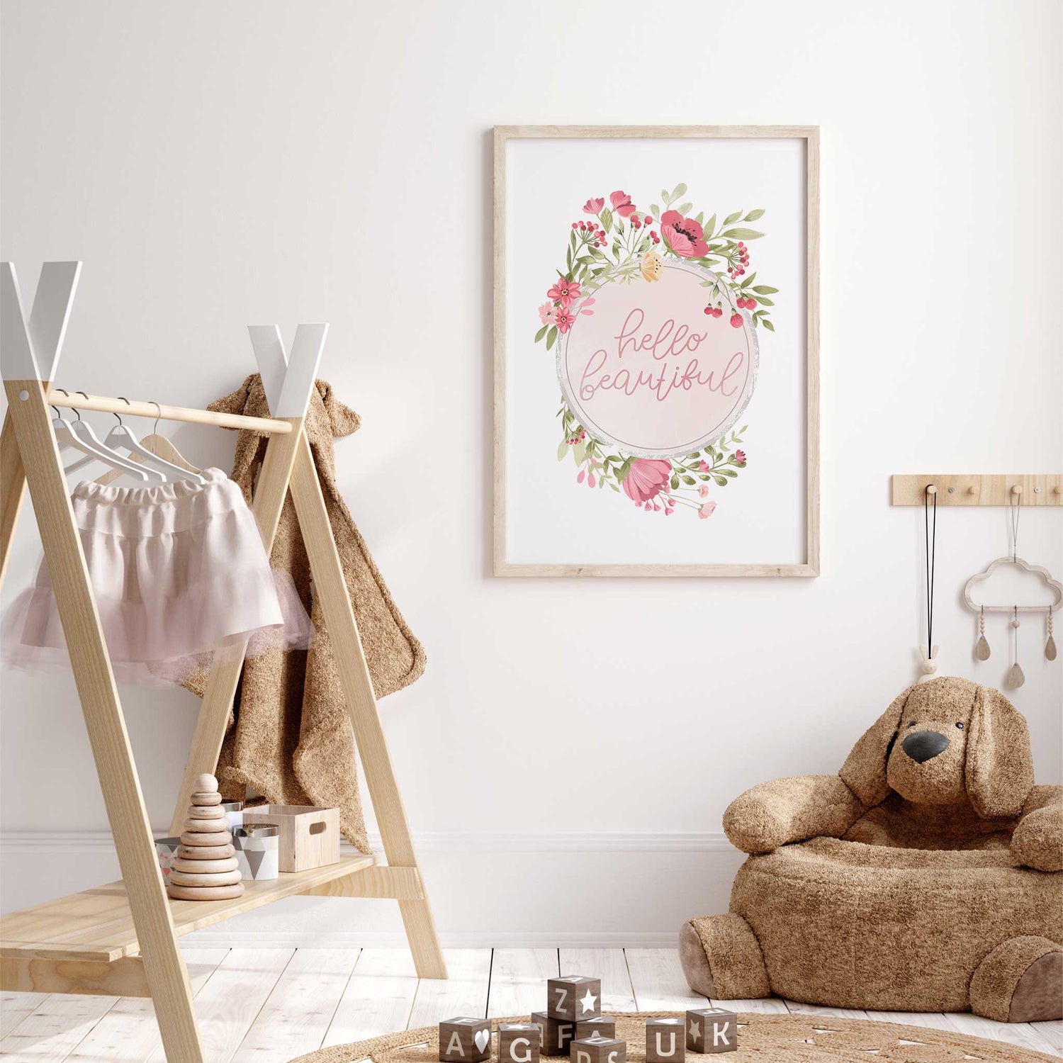 Soft pastel floral quote art print with hello beautiful text for nursery