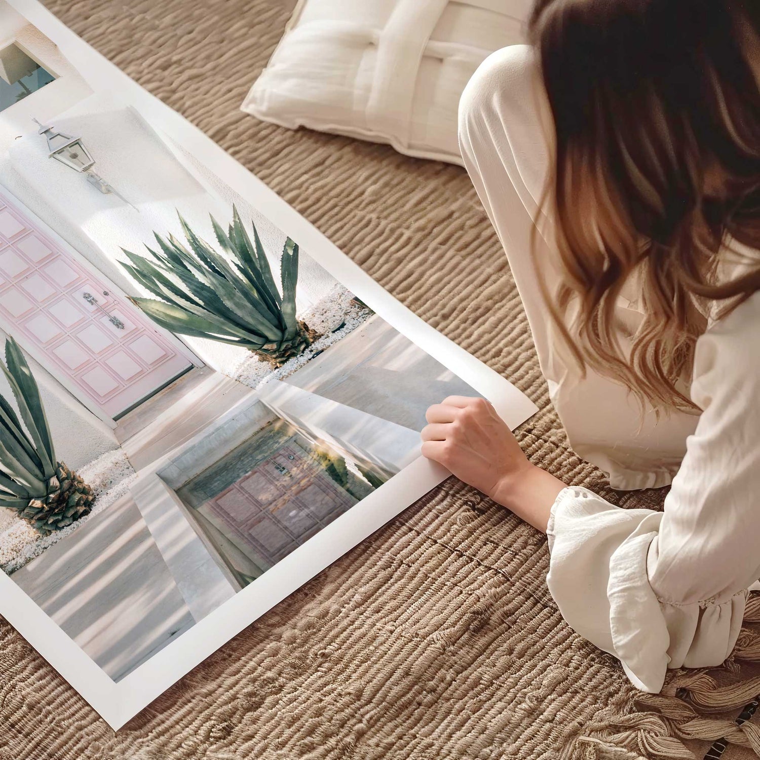 Pastel pink door wall art print, mid-century modern Palm Springs architecture with white border.