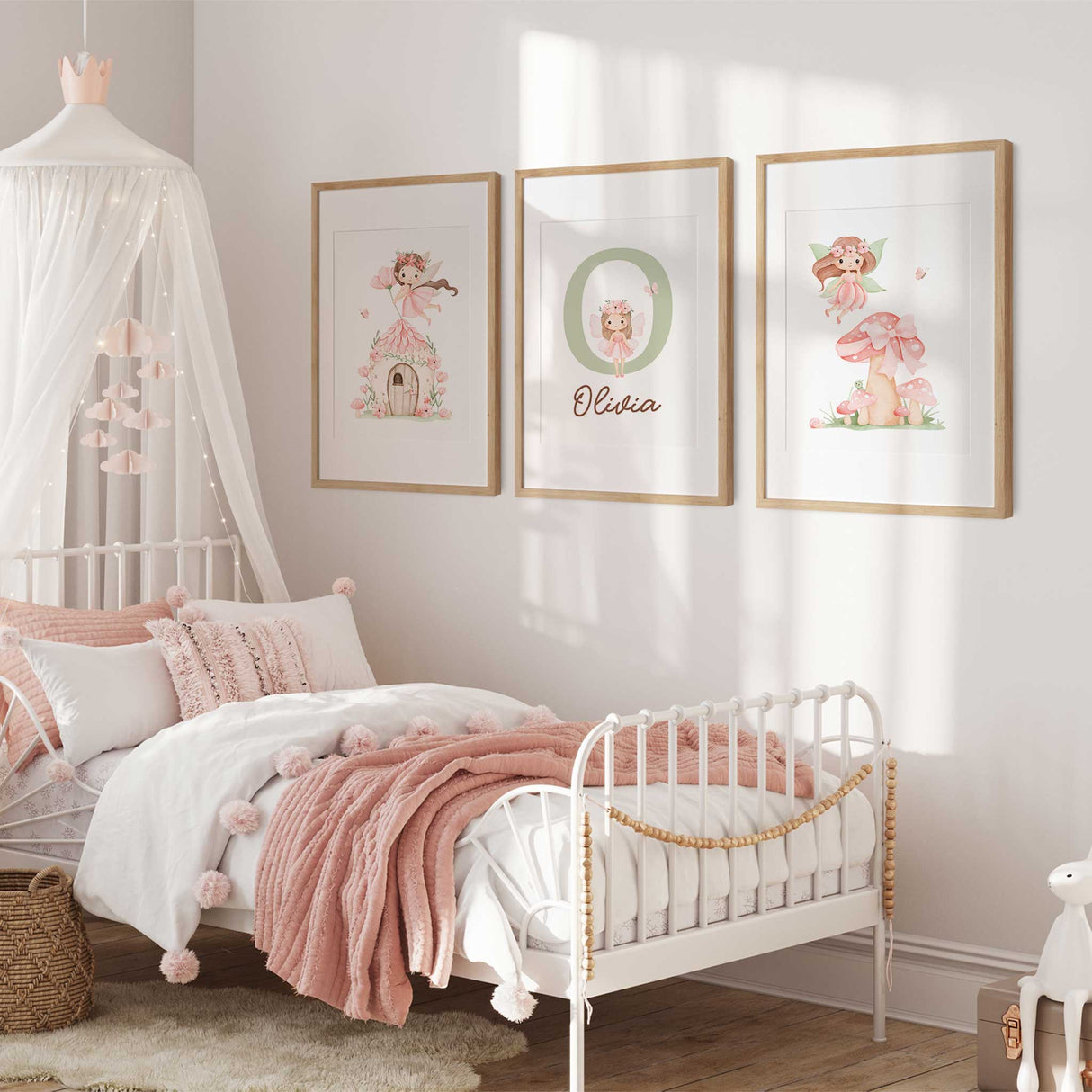 Fairy flying over house, whimsical pastel wall art