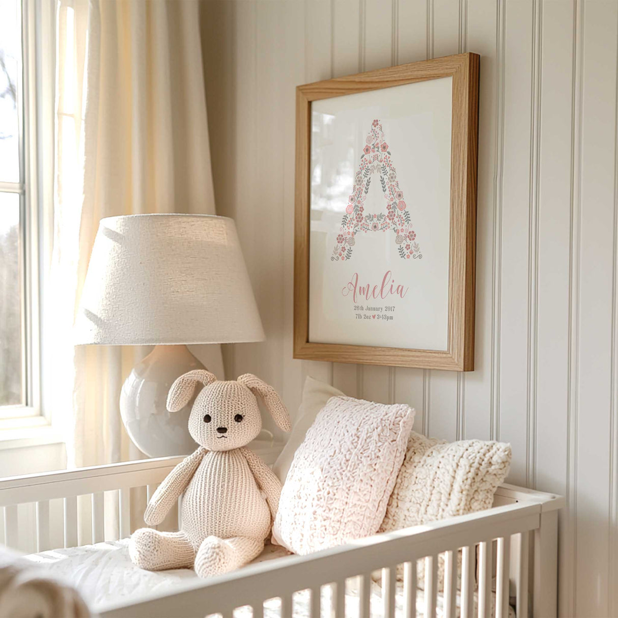 Custom pink floral name print for baby girl nursery decor